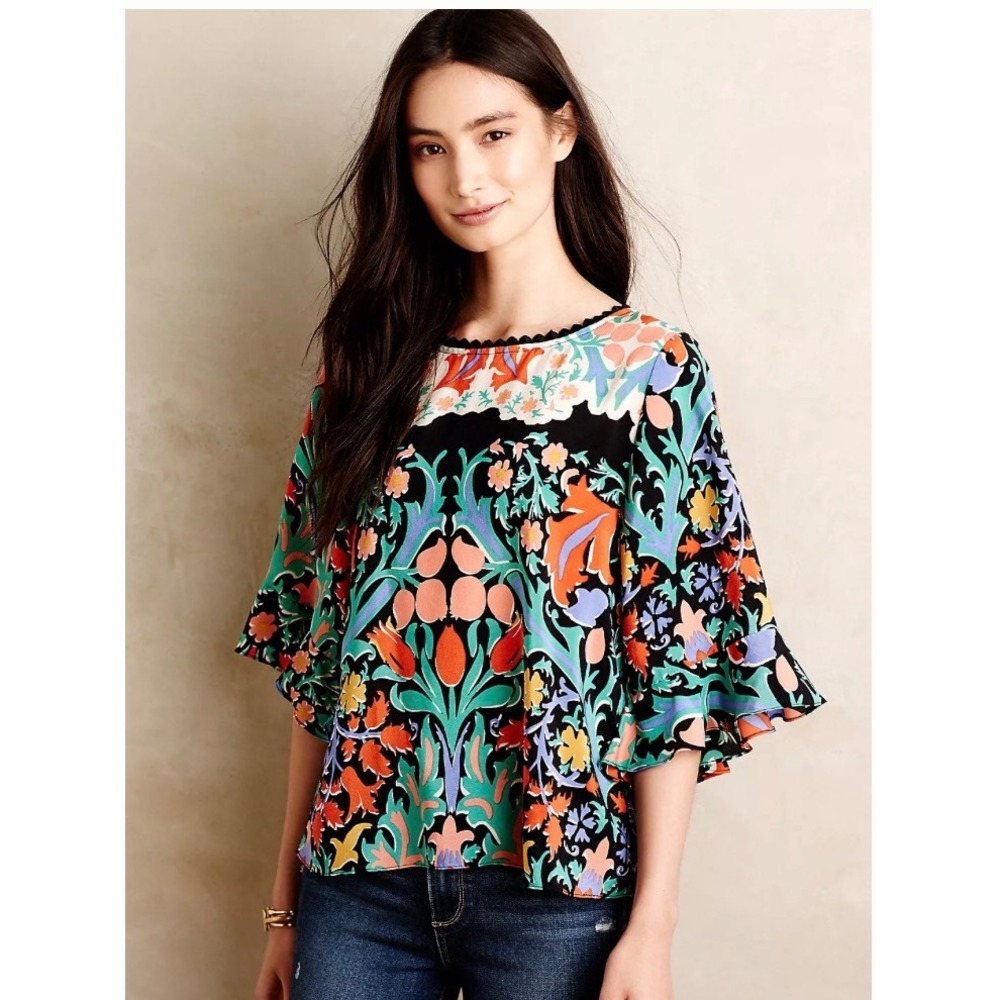 Maeve Anthropologie Silk Floral Ruffle Bell Sleeve Blouse Multicolor Size 6